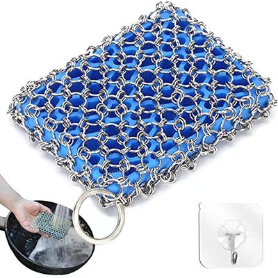 TuHeeHuT Cast Iron Frying pan Cleaner 316 Stainless Steel Chain Scrubber with Silicone Inserts fit in cast Iron, Stainless Steel, Hard Anodized cookware and Other pots (Blue)