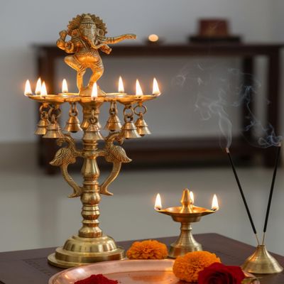 Brass Ganesh Ganesha Oil Lamp | Home Decor | Brass Diya | Brass Deepam | Brass Lamps | Kuthu Vilakku | Lamps for Home and Office - 16.5" Inches - Big Size