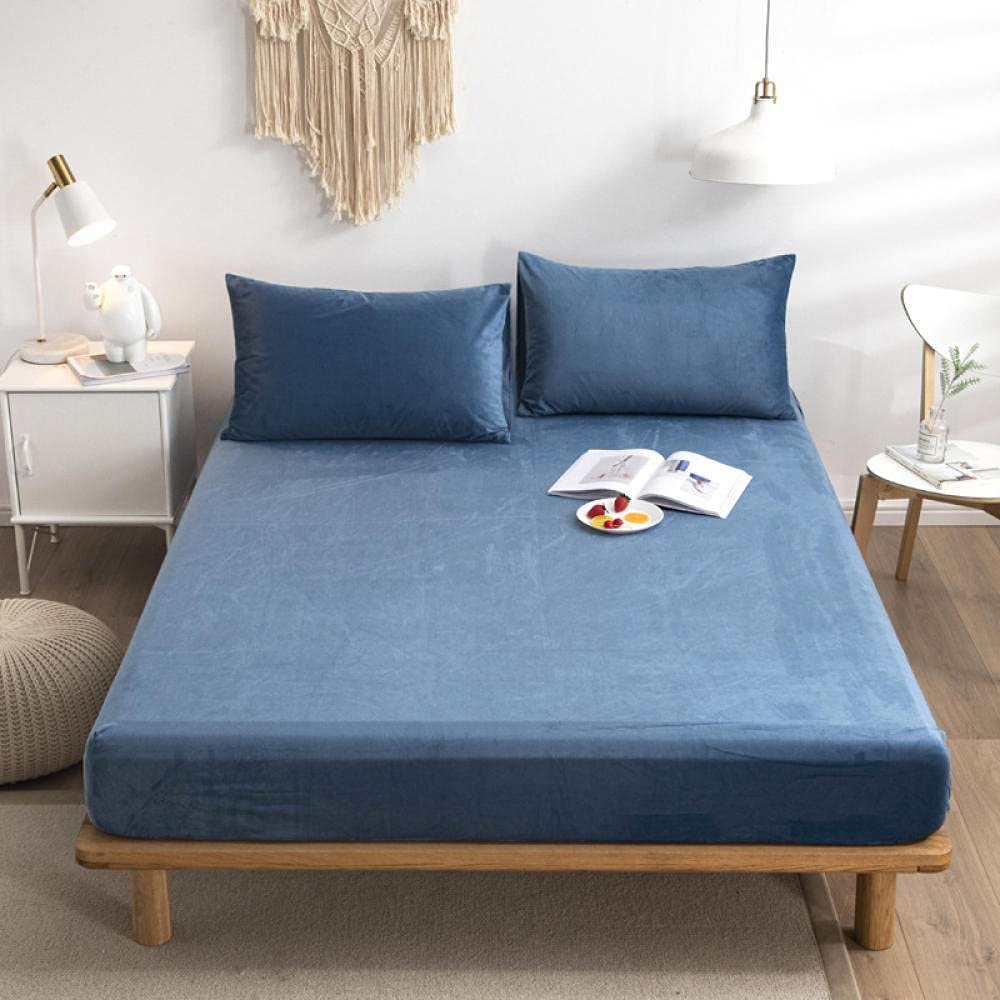 CFYCYHDZHT Bedding Fitted Sheet,Warm and Comfortable Crystal Velvet Box Spring Bed Mattress Protector, Hotel Homestay Solid Color Fitted Sheets Blue 150200cm+30cm