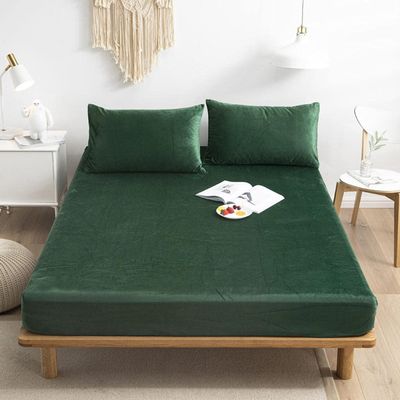CFYCYHDZHT Bed Sheet Set,Warm and Comfortable Crystal Velvet Box Spring Bed Mattress Protector, Hotel Homestay Solid Color Fitted Sheets Green 120200cm+15cm