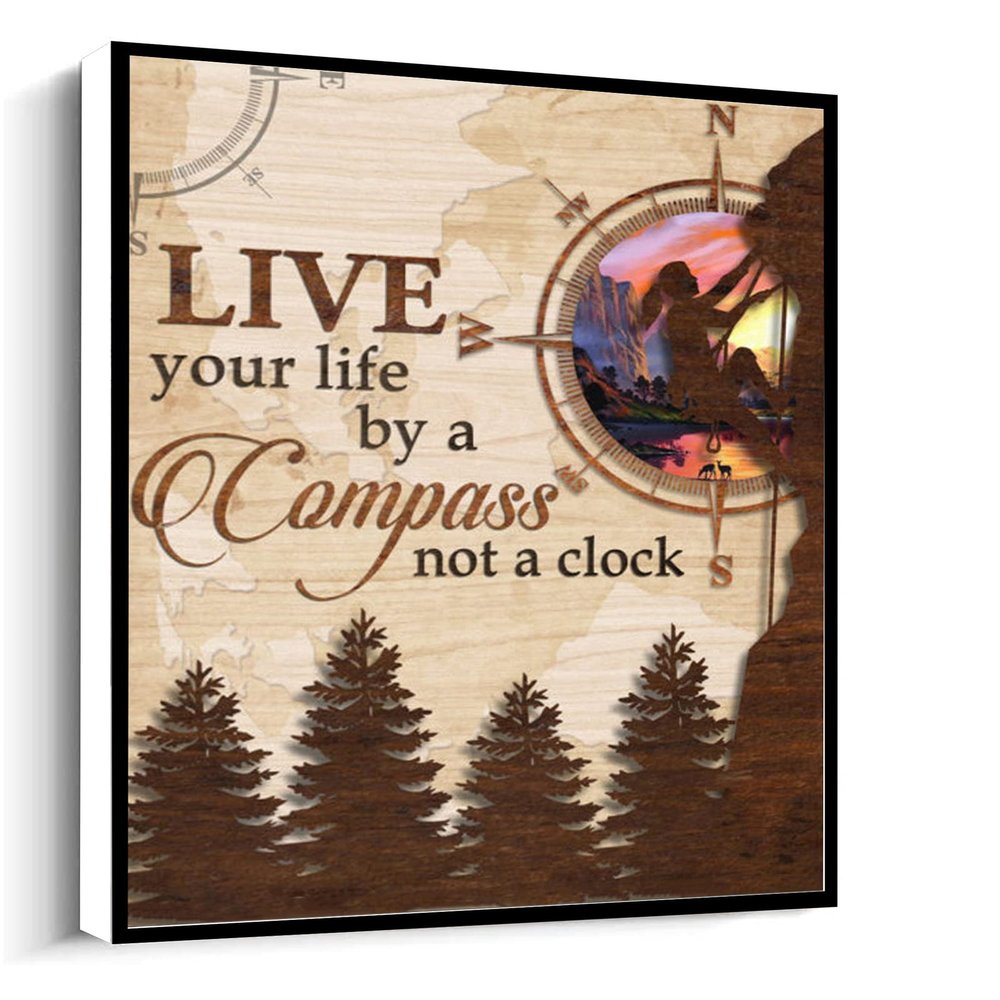 Canvas Framed Hiking Live Your Life By A Compass Not A Clock,Birthday Wedding Gift Canvas wall art For living room bedroom office home decoration artwork 12"x16"Framed