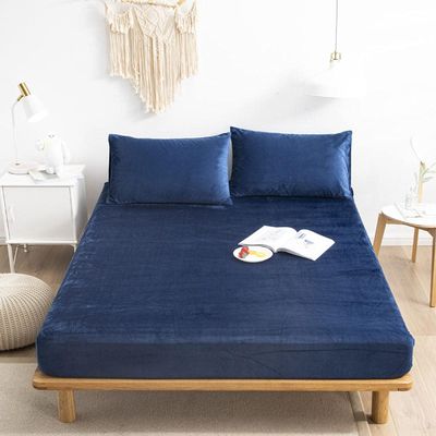 CFYCYHDZHT Bottom Sheets,Warm and Comfortable Crystal Velvet Box Spring Bed Mattress Protector, Hotel Homestay Solid Color Fitted Sheets Navy Blue 180200cm+30cm