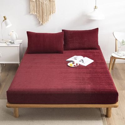 CFYCYHDZHT Breathable Bed Sets,Warm and Comfortable Crystal Velvet Box Spring Bed Mattress Protector, Hotel Homestay Solid Color Fitted Sheets Red 135200cm+15cm