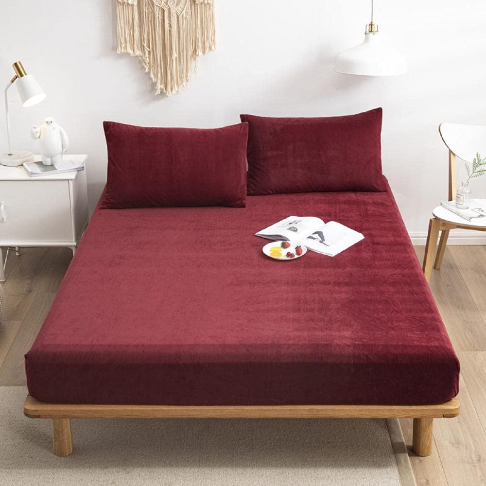 CFYCYHDZHT Breathable Bed Sets,Warm and Comfortable Crystal Velvet Box Spring Bed Mattress Protector, Hotel Homestay Solid Color Fitted Sheets Red 135200cm+15cm