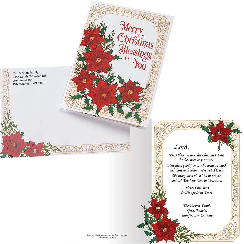 Fox Valley Traders Custom Poinsettia Collage Christmas Card Set of 20, Card & Front of Envelope Personalization w/Design
