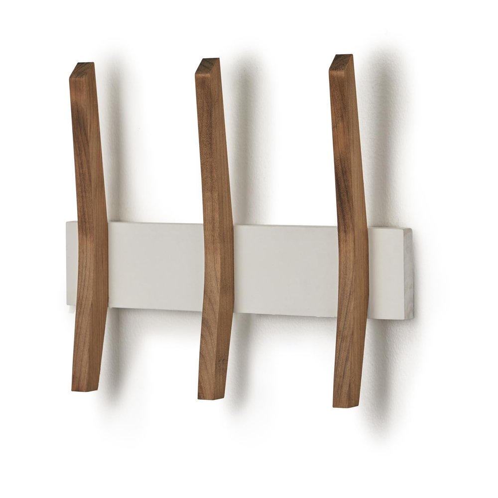 Drakestone Designs 16-Inch Mid Century Coat Rack with 3 Wooden Hooks, Farmhouse Style Hookrail for Bedroom, Living Room, Hallway, and More, Solid Wood, 9.5" H x 16" W x 2.25" D, White and Walnut
