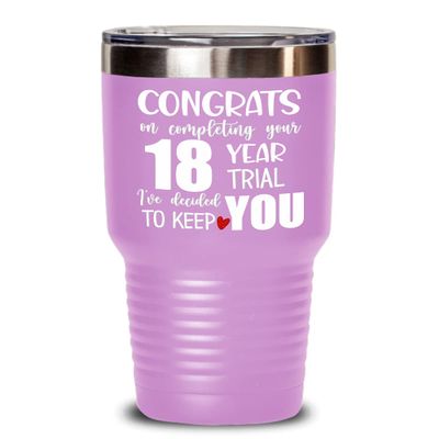 18th Anniversary Tumbler for Husband from Wife Congrats on Completing Your Eighteen Year Trial Funny Marriage Keepsake 20 or 30oz Hot Cold Cup Coffee