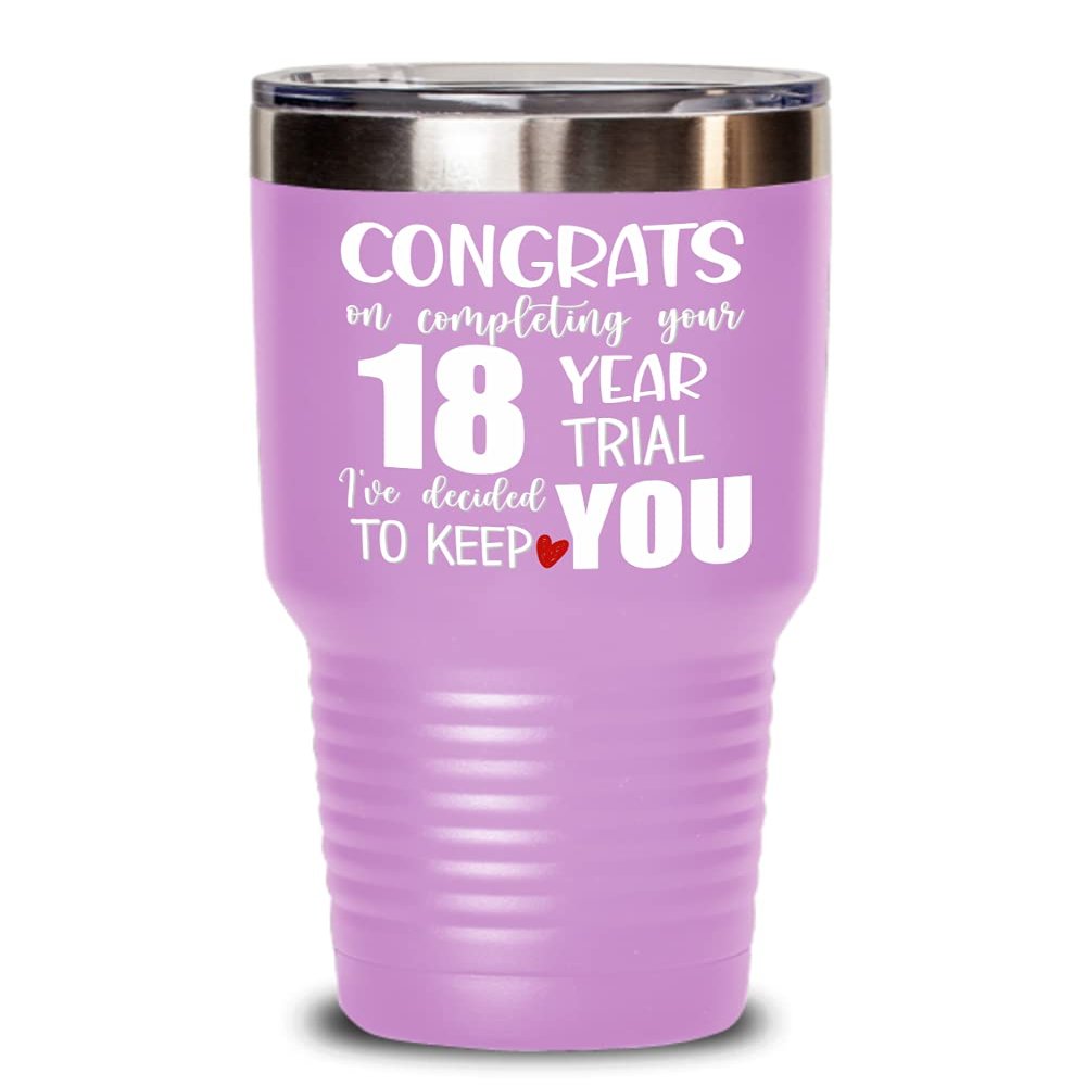 18th Anniversary Tumbler for Husband from Wife Congrats on Completing Your Eighteen Year Trial Funny Marriage Keepsake 20 or 30oz Hot Cold Cup Coffee