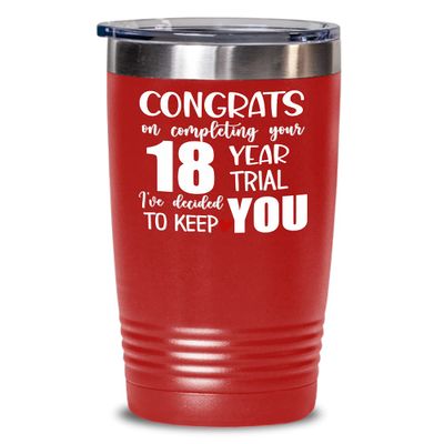 18th Anniversary Tumbler for Husband from Wife Congrats on Completing Your Eighteen Year Trial Funny Marriage Keepsake 20 or 30oz Hot Cold Cup Coffee