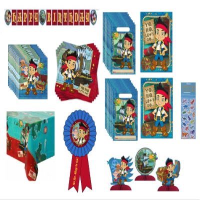 Jake and the Neverland Pirates Birthday Party Supplies Bundle for 16 includes 32 Napkins, 1 Table Cover, 1 Centerpiece, 1 Banner, 16 Party Invitations, 16 Loot Bags, 1 Award Ribbon, 1 Dinosaur Sticker