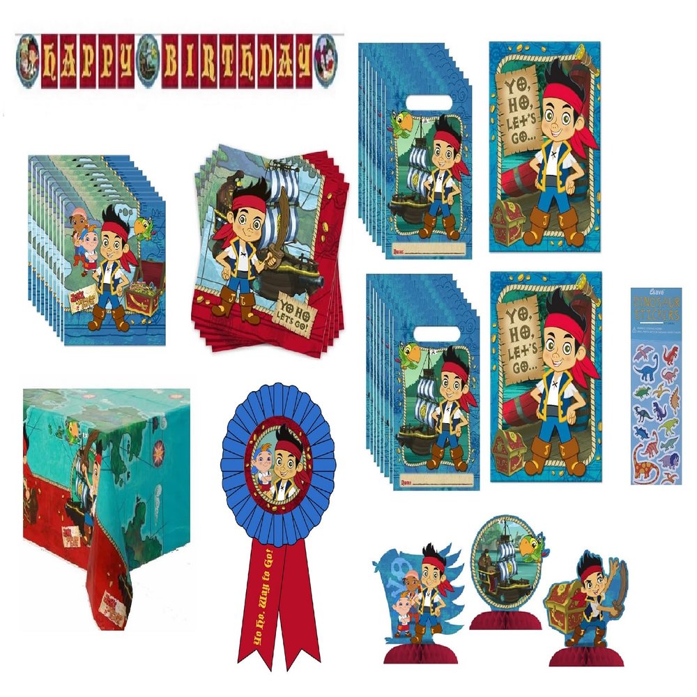 Jake and the Neverland Pirates Birthday Party Supplies Bundle for 16 includes 32 Napkins, 1 Table Cover, 1 Centerpiece, 1 Banner, 16 Party Invitations, 16 Loot Bags, 1 Award Ribbon, 1 Dinosaur Sticker