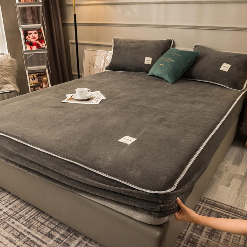 CFYCYHDZHT Bed Sheet Set Queen Size,Warm Thick Crystal Velvet Mattress top hat, Bedroom Hotel Homestay Solid Color Non Slip Mattress Cover Bed Cover Dark Grey 180200cm