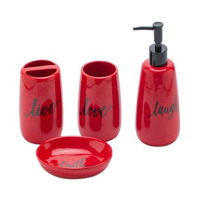Bathroom accesory Set, Ceramic, 4pc,Toothbrush Holder soap Dispenser soap Dish Tumble Cup for Bathroom Decor and Gift (Navy) (RED)