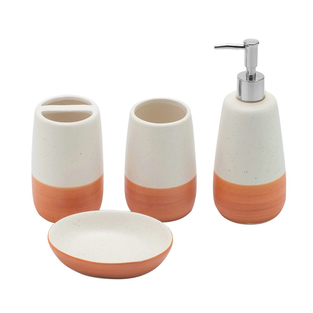 Orange Bathroom accesory Set 4pc,Coral Toothbrush Holder Terracotta Color soap Dispenser soap Dish Tumbler Cup for Bathroom Decor and Gift countertop Decor(Orange)