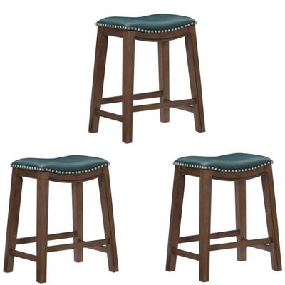 Home Square Set of 2, 24inch Faux Leather Upholstered Saddle Counter Stool Set with Solid Wood Legs and Nailhead Trim, in Green