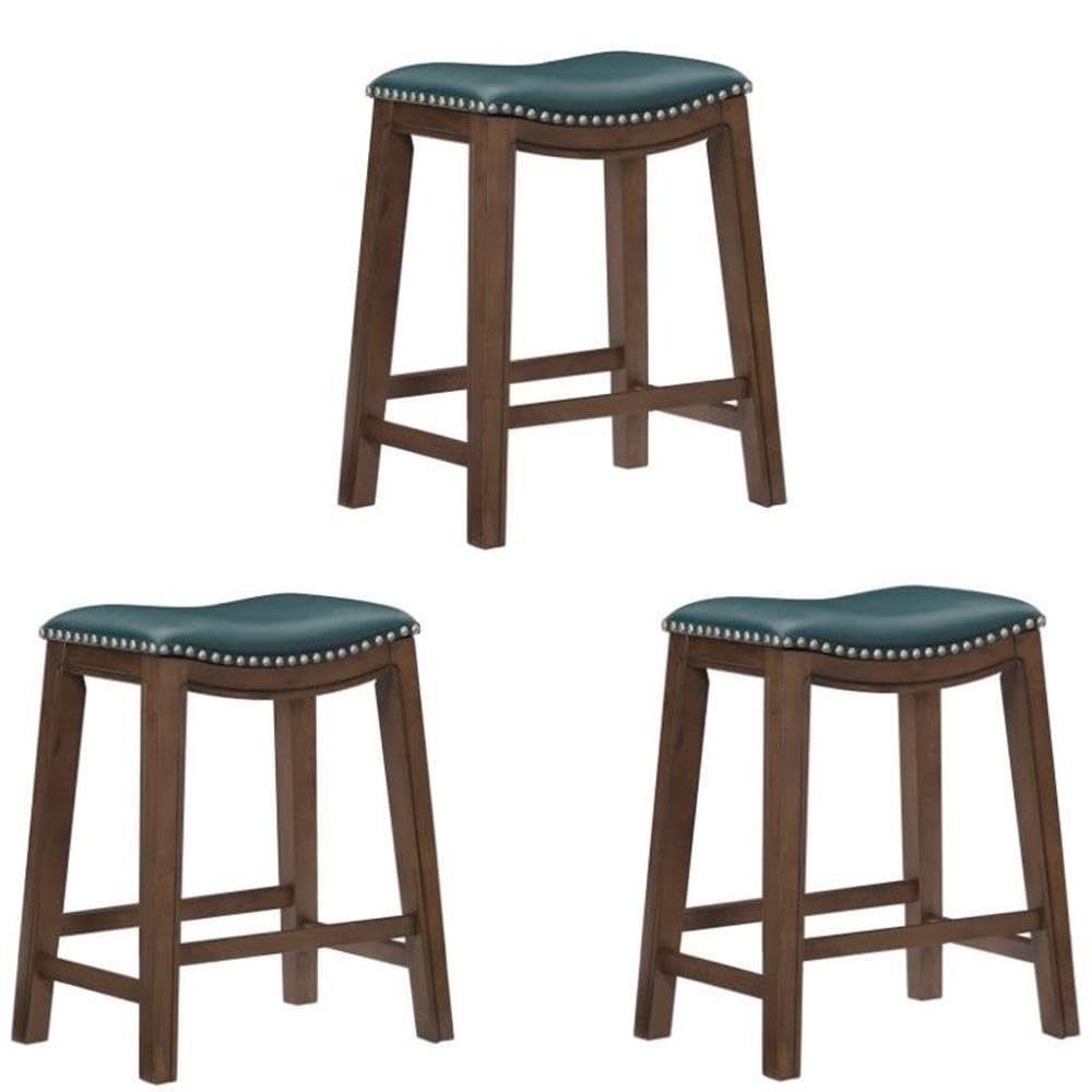 Home Square Set of 2, 24inch Faux Leather Upholstered Saddle Counter Stool Set with Solid Wood Legs and Nailhead Trim, in Green