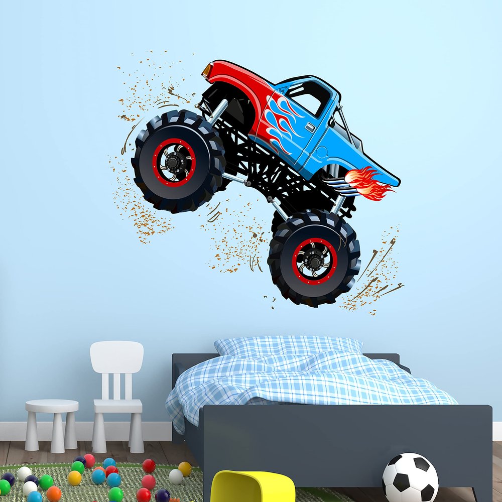 Decalzone Inc Monster Truck Wall Decal - Monster Truck Wall Decor - Nursery Wall Decals - Truck Theme Kids Bedroom Decor Baby Boy Room Vinyl Sticker (30 in W x 24 in H)