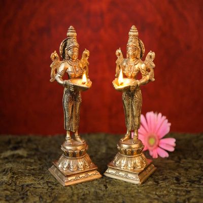 SHIVAJI ARTS Brass Deep Lakshmi Statue Home Temple, Oil Wick Diya Pair, Indian Handcrafted Deepak for Home Decor Handmade Lamp (Set of 2)