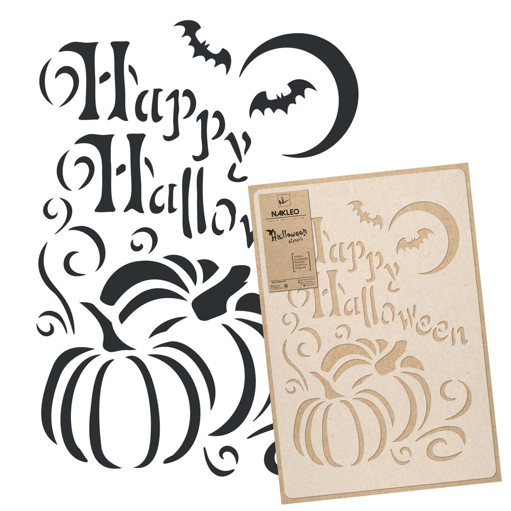 NAKLEO Halloween Large Painting Stencil 23.2x37.4, Pumpkin Happy Halloween Inscription Pattern, Reusable Plastic Drawing Template, DIY Art and Craft Home Decor, Wall Floor Wood Fabric Furniture