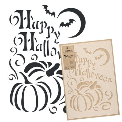 NAKLEO Halloween Large Painting Stencil 11.8x16.5, Pumpkin Happy Halloween Inscription Pattern, Reusable Plastic Drawing Template, DIY Art and Craft Home Decor, Wall Floor Wood Fabric Furniture