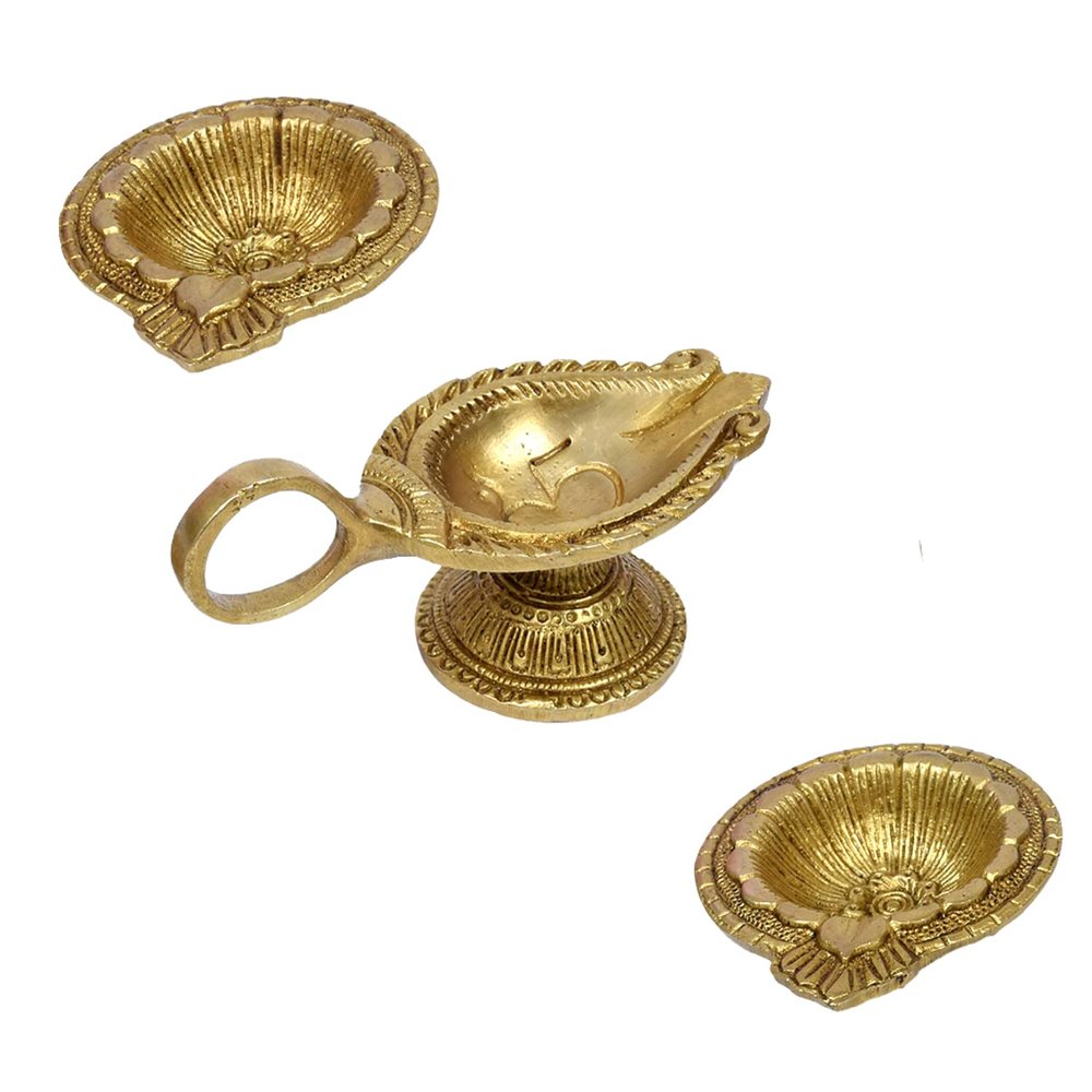 Indian Shelf Handmade Pack of 3 Brass Golden Oil Lamp Deepak Diya Floral Round Puja Utensils Diwali Puja Deepam Deep