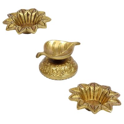 Indian Shelf Handmade Pack of 3 Brass Round Floral Leaf Golden Oil Lamp Deep Diya Deepam Deepak