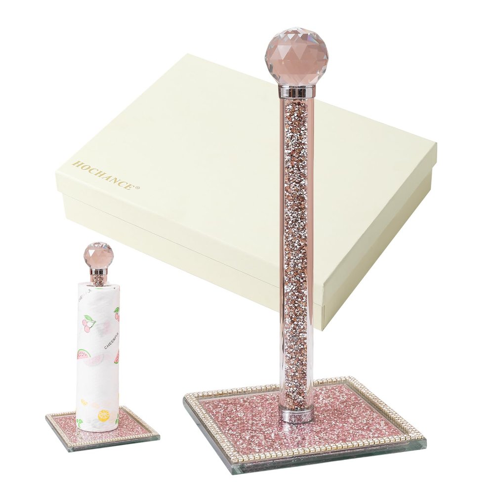 Hochance Pink Crystal Standing Paper Towel Roll Holder Countertop Weighted Rack,Glam Cute Bling Rhinestone Jeweled Diamonds Modern Decoration Christmas Housewarming Gifts for Kitchen Home Bar