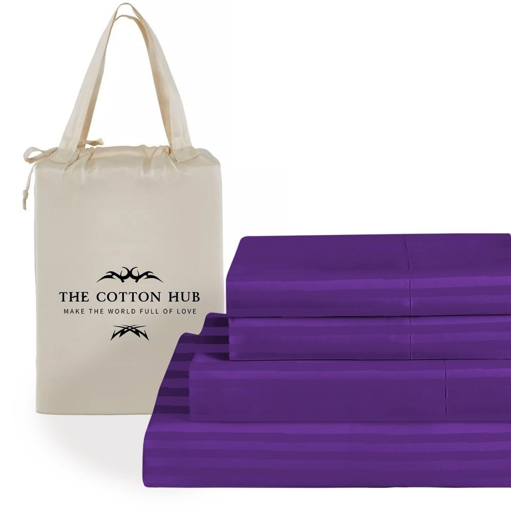 Grand King Size 4-Piece Sheet Set - Luxurious 600-Thread-Count Egyptian Cotton Bedding Sheets & Pillowcases - Bed Sheets - Deep Pocket fits up to 10-12 inch Mattress (Stripe, Purple)