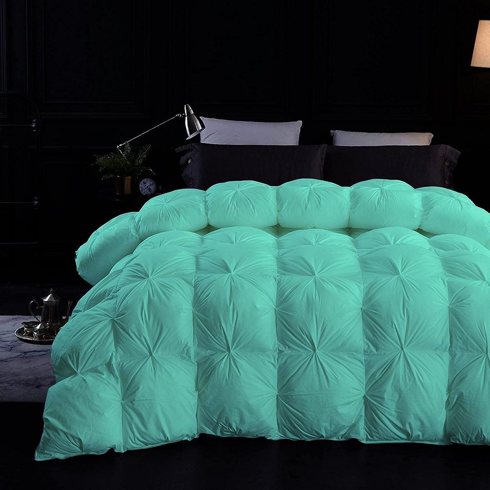 Anex Linen Pinch Pleated Baffle Box Designer Comforter-Aqua | Full-1 PC Down Alternative Comforter Set 100% Combed Cotton 500 GSM Fill Power Ultimate Collection Pin Tuck Chic Cute Modern Comforter