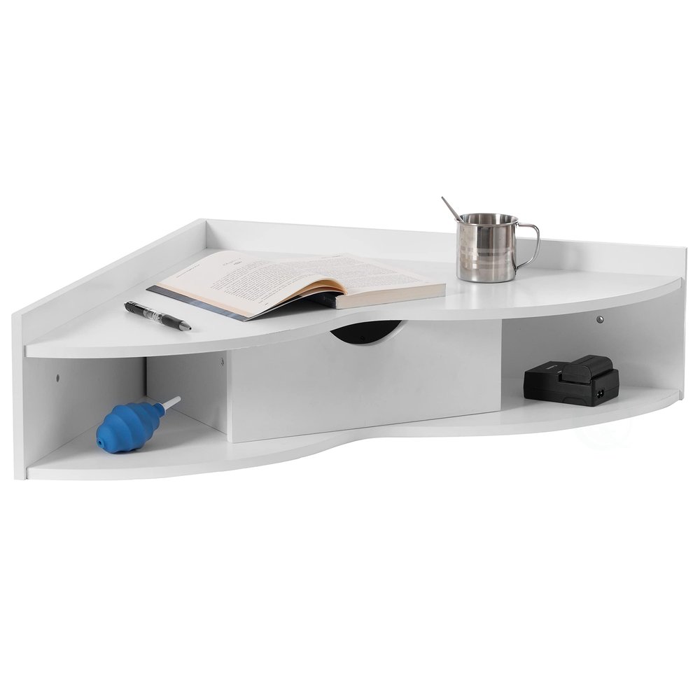 Basicwise White Heart Shaped Wall Mounted Office Table with Drawer and Two Shelves Computer Writing Corner Desk QI004024.WT