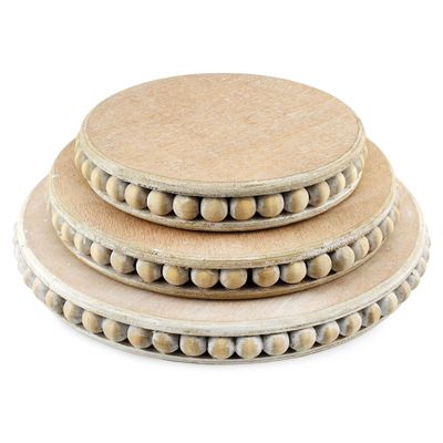 AuldHome Design Farmhouse Beaded Pedestal Tiered Stands (3-Piece Set, Unfinished); Rustic Wood Beaded Tray Stack