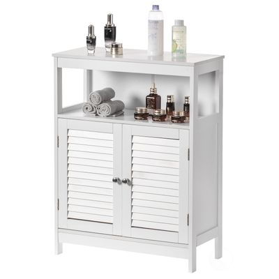 Basicwise Wooden White Modern Storage Bathroom Vanity Cabinet with Adjustable Shelves and Two Horizontal Planks Design Doors