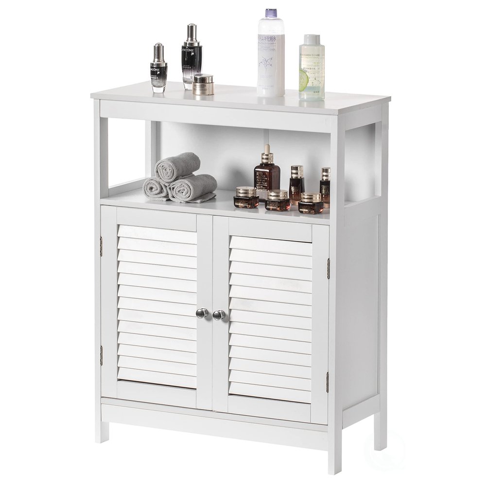 Basicwise Wooden White Modern Storage Bathroom Vanity Cabinet with Adjustable Shelves and Two Horizontal Planks Design Doors