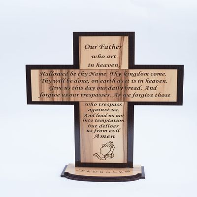 The Lords Prayer Wood Standing Table/Altar Cross (10 Inch English) - KJV Scripture Matthew 6:9-13, Engraving of 'Our Father Prayer' on Wooden Blocks