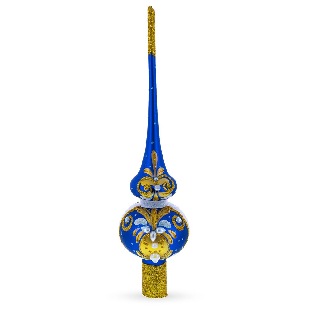 White Pearls with Golden Leaves on Blue Glass Christmas Tree Topper 11 Inches