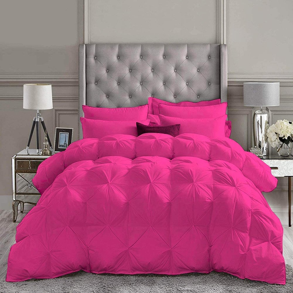 1 PC Goose Down Pinch Pleated Comforter with Corner Tabs 100% Organic Cotton 500 GSM Cotton Fill - Hot Pink Oversized Queen Size - Fluffy Baffle Box Design Light Weight Comforter Only