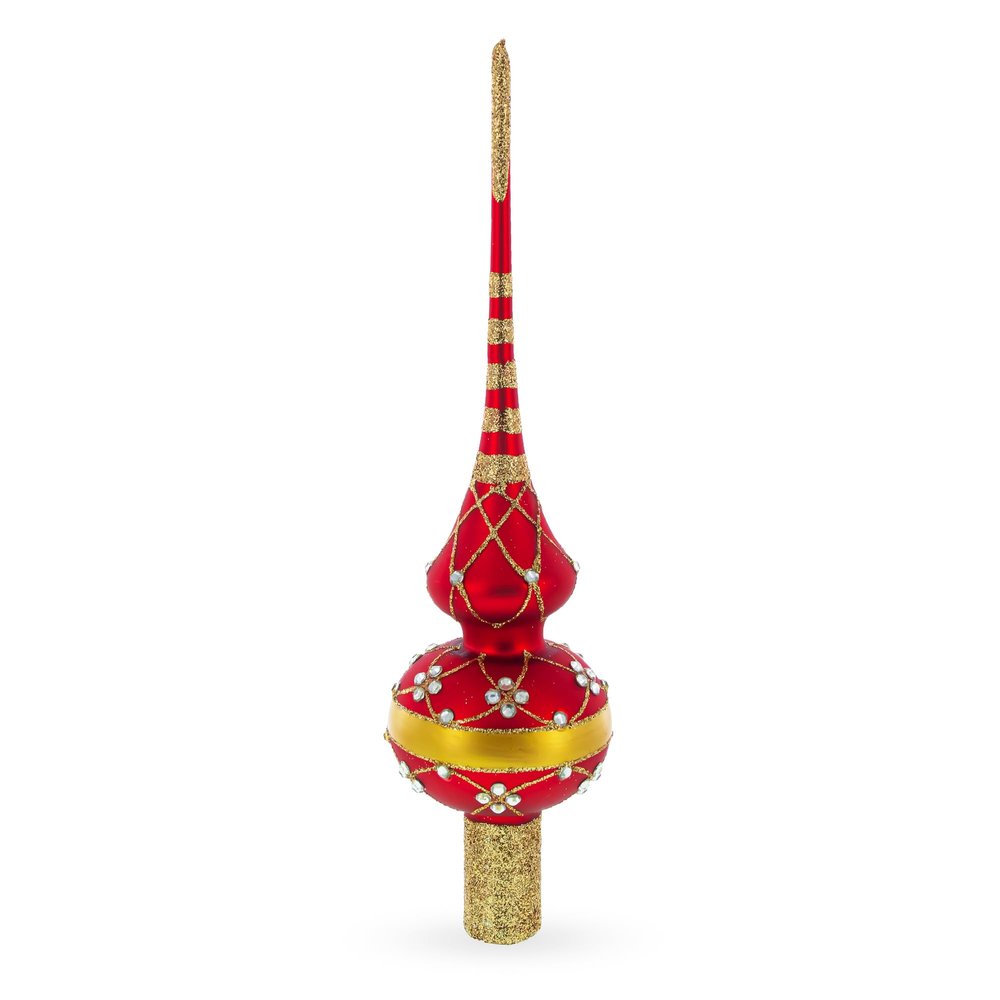 Dimensional White Diamond Trellis on Red Glass Christmas Tree Topper 11 Inches