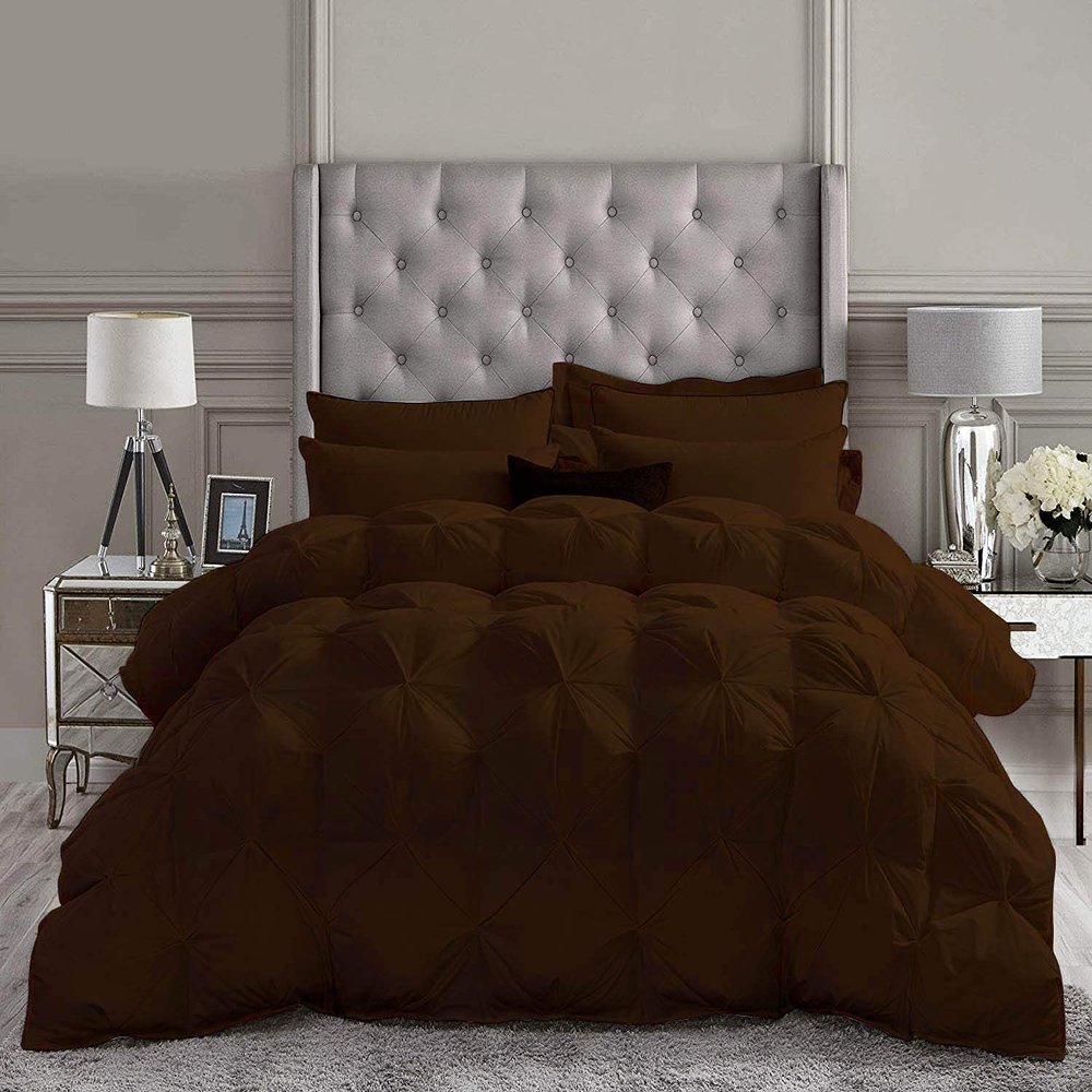 1 PC Goose Down Pinch Pleated Comforter with Corner Tabs 100% Organic Cotton 500 GSM Cotton Fill - Chocolate Oversized King Size - Fluffy Baffle Box Design Light Weight Comforter Only