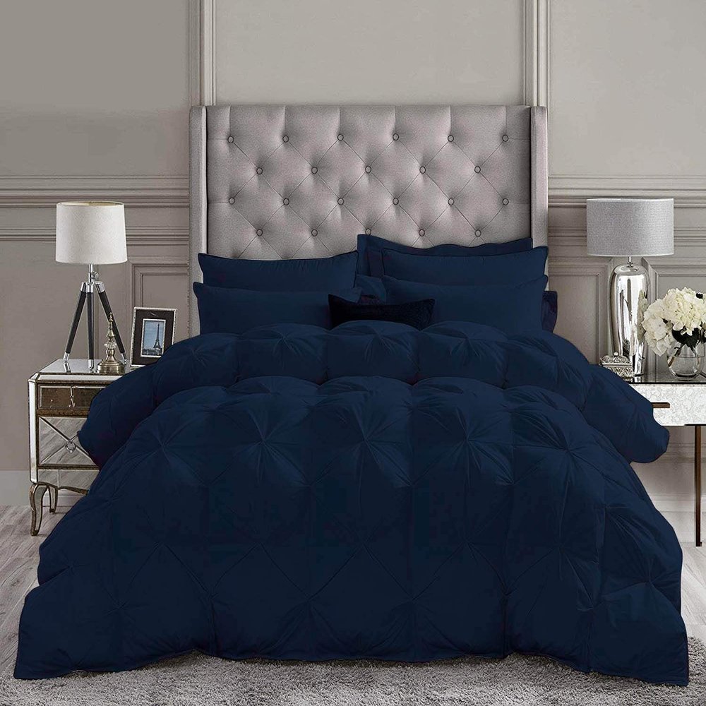 1 PC Goose Down Pinch Pleated Comforter with Corner Tabs 100% Organic Cotton 500 GSM Cotton Fill Power - Navy King/Cal King Size - Fluffy Baffle Box Design Light Weight Comforter Only