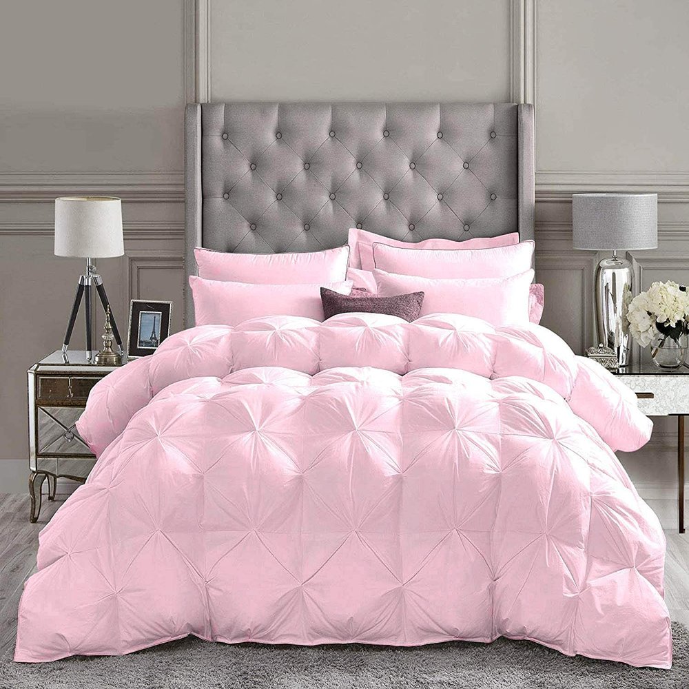 1 PC Goose Down Pinch Pleated Comforter with Corner Tabs 100% Organic Cotton 500 GSM Cotton Fill Power - Pink King/Cal King Size - Fluffy Baffle Box Design Light Weight Comforter Only