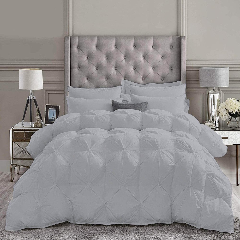 1 PC Goose Down Pinch Pleated Comforter with Corner Tabs 100% Organic Cotton 500 GSM Cotton Fill - Silver Oversized Queen Size - Fluffy Baffle Box Design Light Weight Comforter Only