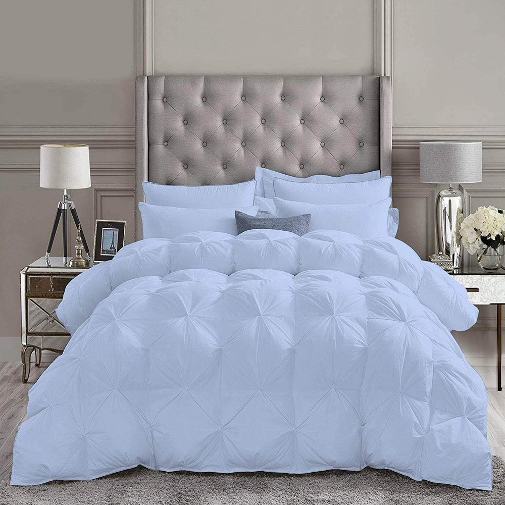 1 PC Goose Down Pinch Pleated Comforter with Corner Tabs 100% Organic Cotton 500 GSM Cotton Fill Power - Light Blue King/Cal King Size - Fluffy Baffle Box Design Light Weight Comforter Only