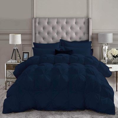 1 PC Goose Down Pinch Pleated Comforter with Corner Tabs 100% Organic Cotton 500 GSM Cotton Fill - Navy Oversized King Size - Fluffy Baffle Box Design Light Weight Comforter Only