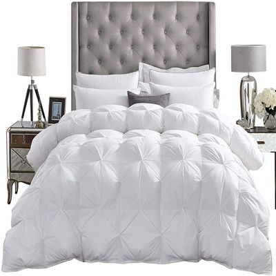 1 PC Goose Down Pinch Pleated Comforter with Corner Tabs 100% Organic Cotton 500 GSM Cotton Fill Power - White King/Cal King Size - Fluffy Baffle Box Design Light Weight Comforter Only
