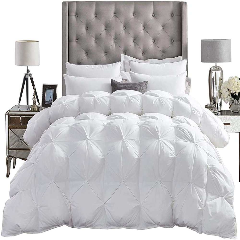 1 PC Goose Down Pinch Pleated Comforter with Corner Tabs 100% Organic Cotton 500 GSM Cotton Fill Power - White King/Cal King Size - Fluffy Baffle Box Design Light Weight Comforter Only