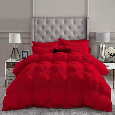 1 PC Goose Down Pinch Pleated Comforter with Corner Tabs 100% Organic Cotton 500 GSM Cotton Fill - Red Oversized King Size - Fluffy Baffle Box Design Light Weight Comforter Only