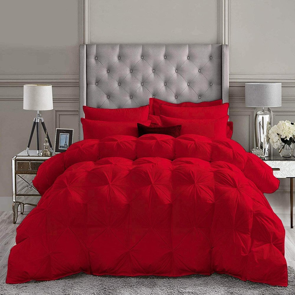 1 PC Goose Down Pinch Pleated Comforter with Corner Tabs 100% Organic Cotton 500 GSM Cotton Fill - Red Oversized King Size - Fluffy Baffle Box Design Light Weight Comforter Only