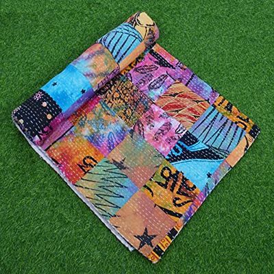 YUVANCRAFTS Indian Handmade Patchwork Kantha Quilt Queen Size Vintage Assorted Quilt Kantha Throw Blanket Bed Cover Bedspread (Multi Color)