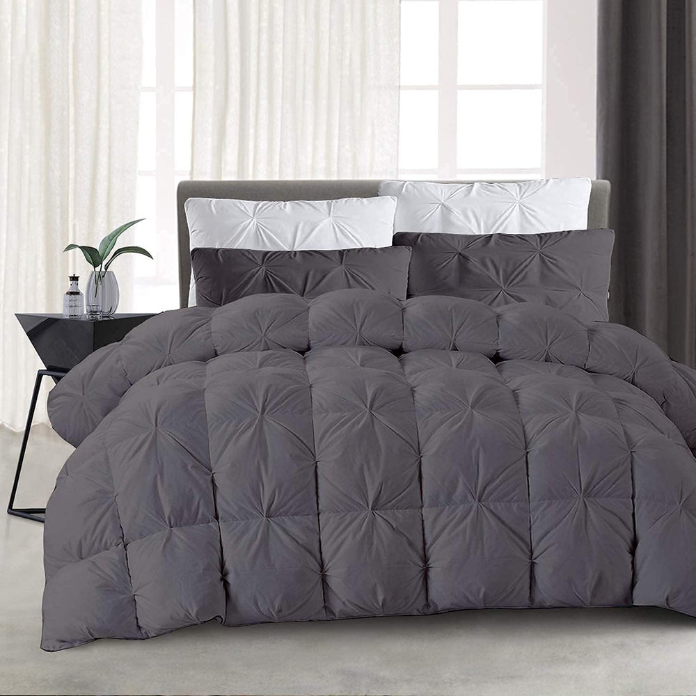 3 PCS Baffle Box Pinch Pleated Comforter Set-Dark Grey | Oversized King (116" x 98")-100% Long Staple Cotton 500 GSM All Season Warm, Lightweight Pintuck Down Alternative Quilted/Comforter Collection