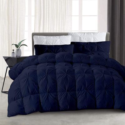 3 PCS Baffle Box Pinch Pleated Comforter Set-Navy Blue | Olympic Queen (98" x 98")-100% Long Staple Cotton 500 GSM All Season Warm, Lightweight Pintuck Down Alternative Quilted/Comforter Collection